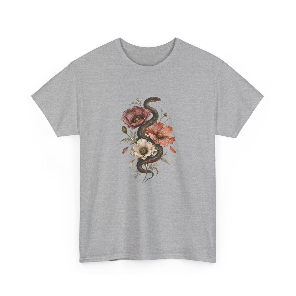 Snake and Poppies T-Shirt Vintage Botanical Serpent Flower Tattoo Style Tee