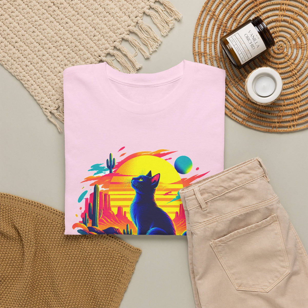 Neon Desert Black Cat T-Shirt Synthwave Sunset Cactus Oasis Cat Lover Tee