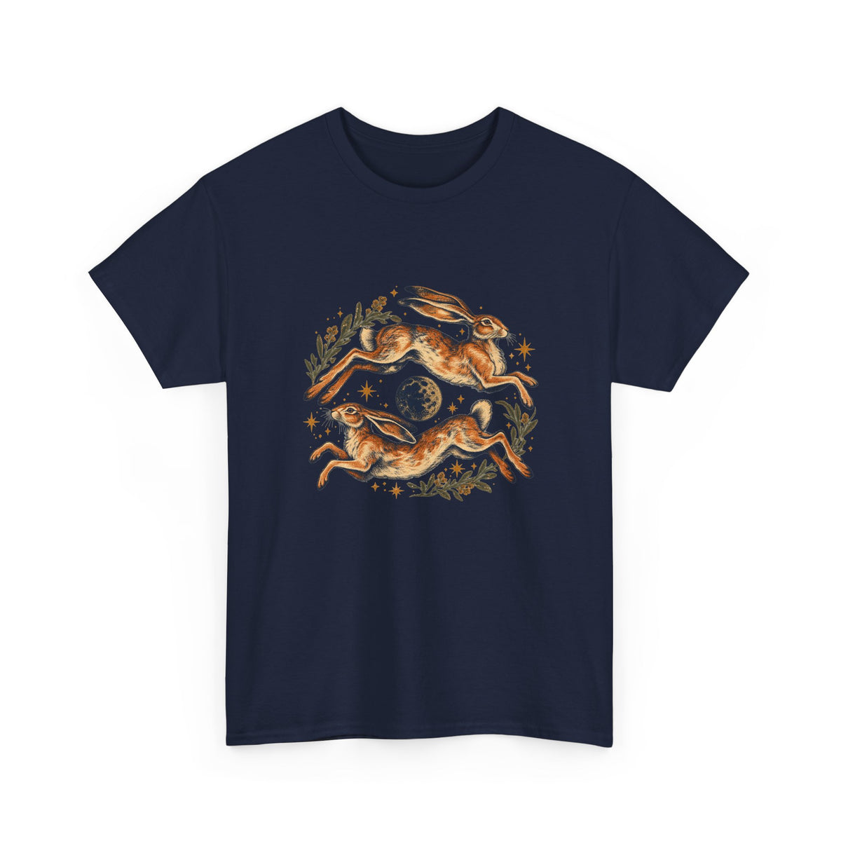 Leaping Hares Moon T-Shirt Celestial Twin Rabbits Stars Tee