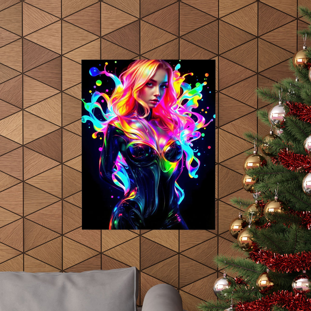 Neon Splash Rainbow Hair Woman Poster Matte Vertical Wall Art