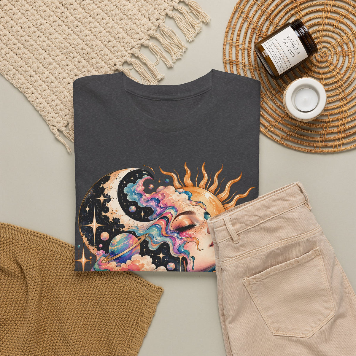 Celestial Sun and Moon Woman T-Shirt, Pastel Cloud Hair Melting Drip Planets Stars Graphic Tee Unisex