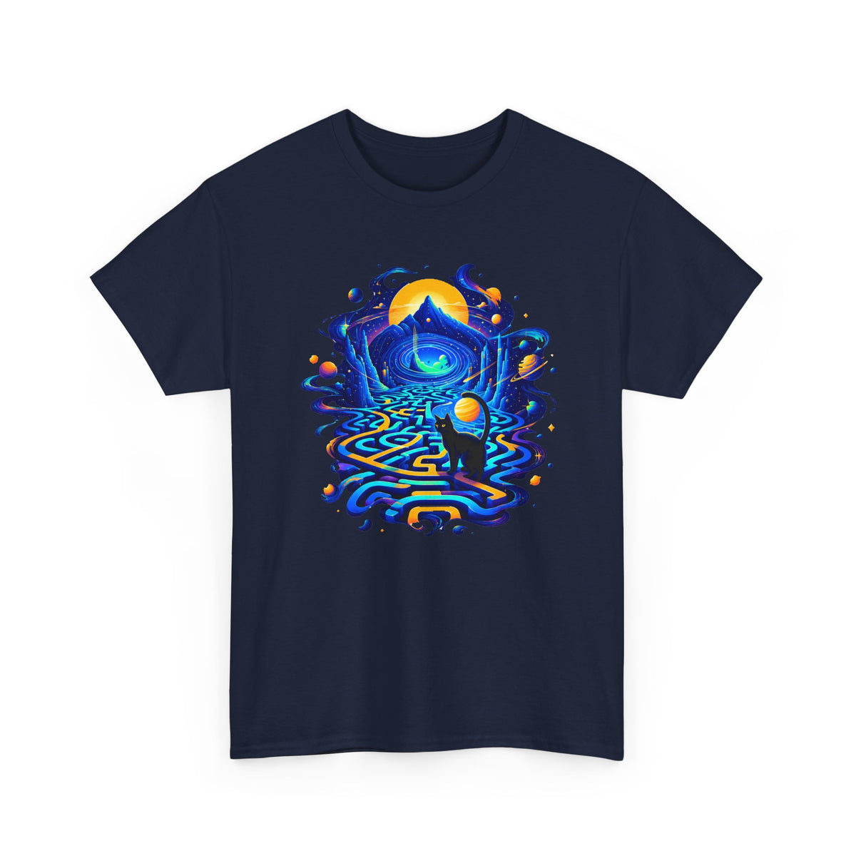 Cosmic Black Cat Maze T-Shirt Celestial Galaxy Labyrinth Mountain Sun Cat Lover Tee
