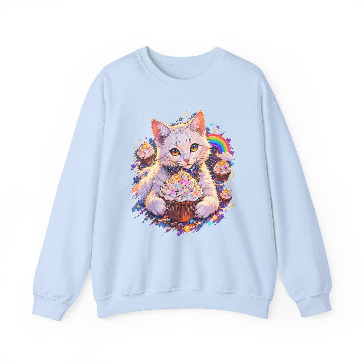 Birthday Cat Cupcake Crewneck Sweatshirt Cute White Kitten Rainbow Sprinkles Party Art