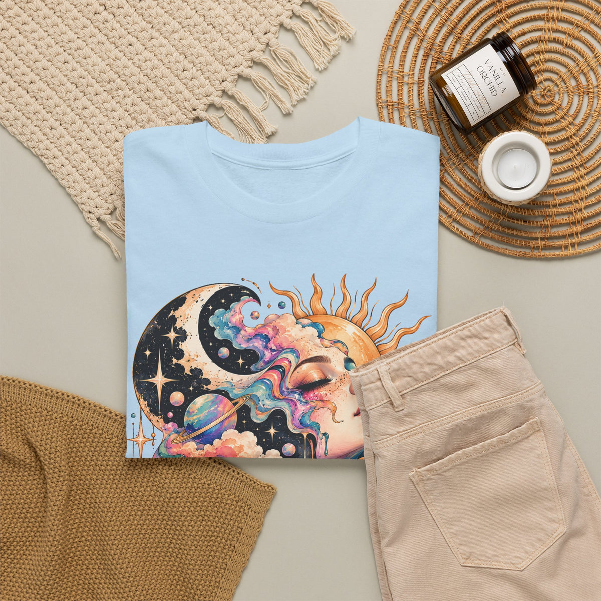 Celestial Sun and Moon Woman T-Shirt, Pastel Cloud Hair Melting Drip Planets Stars Graphic Tee Unisex