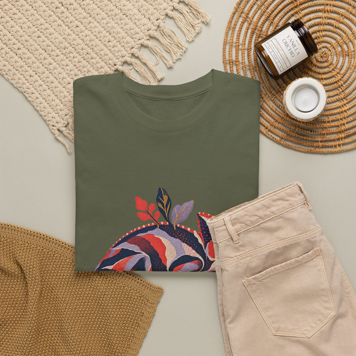 Striped Chameleon T-Shirt Boho Leaves Spiral Tail Lizard Tee