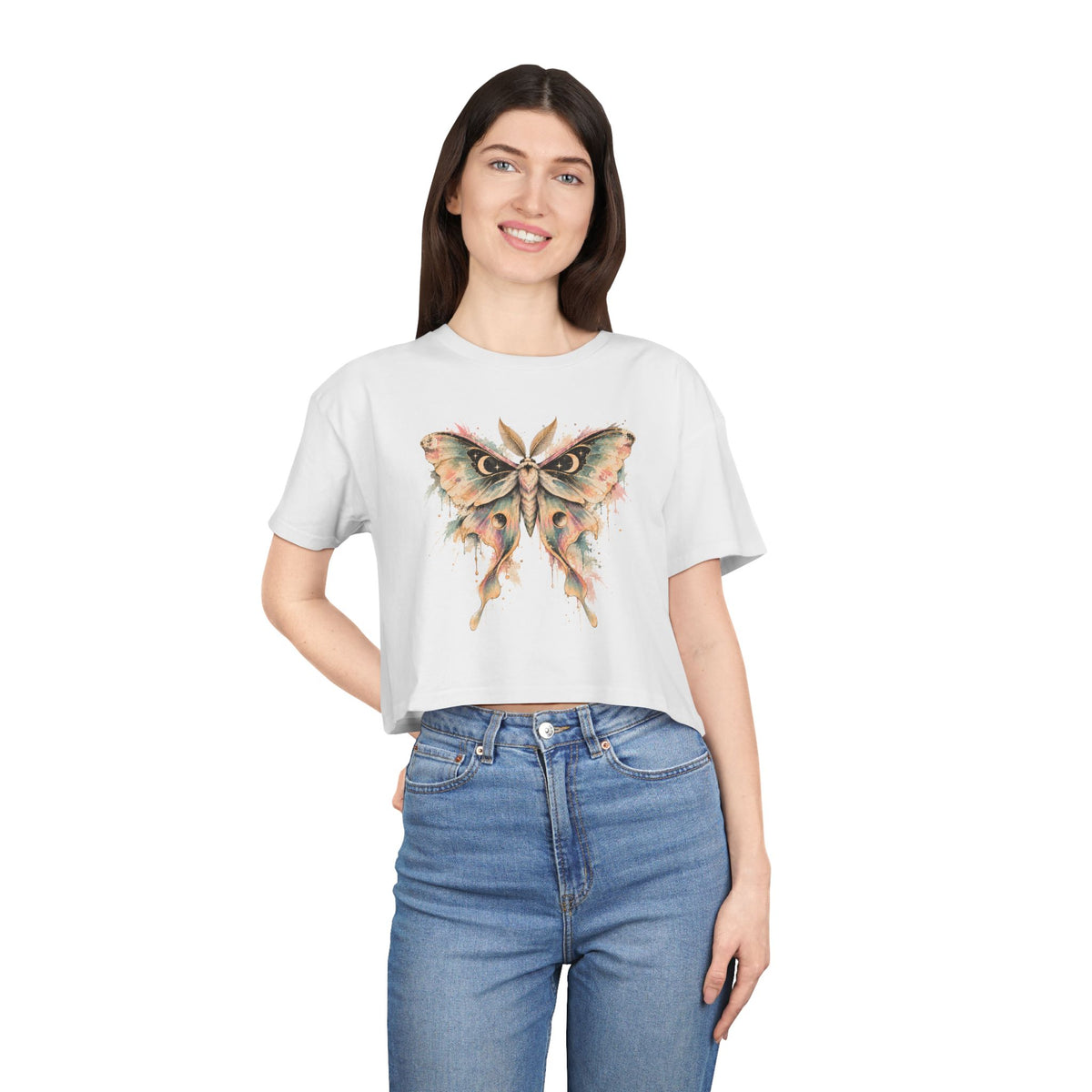 Celestial Luna Moth Crop Tee, Pastel Watercolor Moth Crescent Moon Stars Paint Drip Women's Cropped T-Shirt
