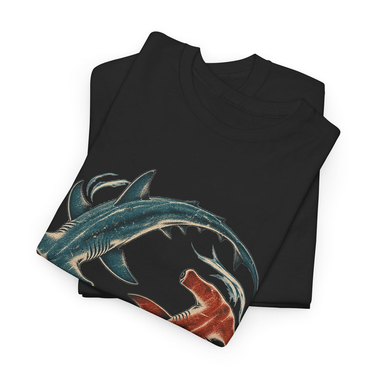 Twin Hammerhead Sharks T-Shirt Teal Orange Yin Yang Ocean Tee