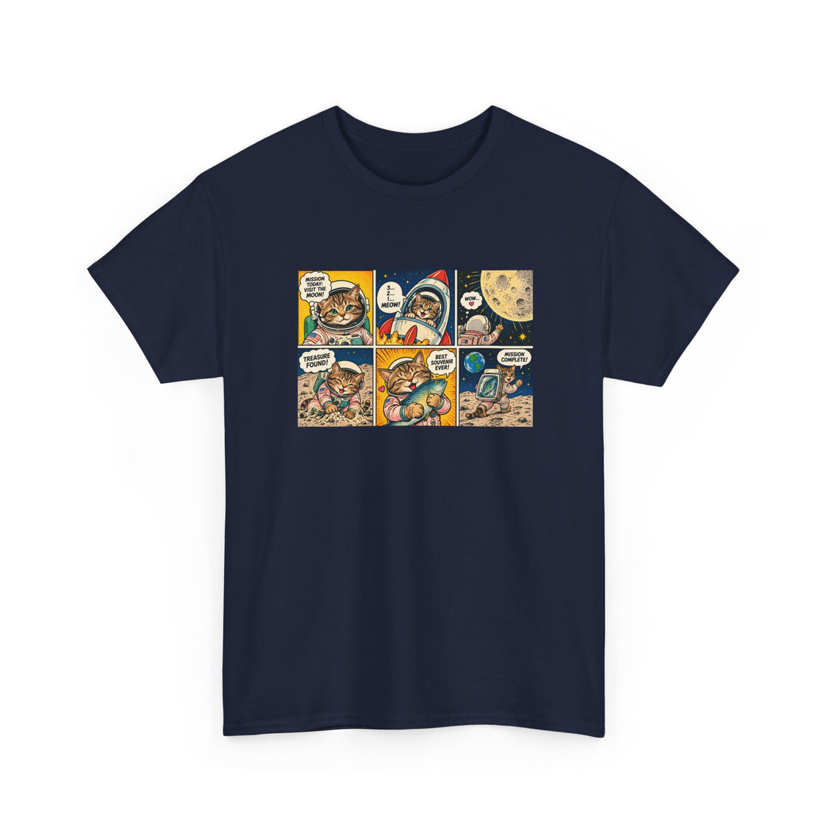 Astronaut Cat Comic T-Shirt, Space Cat Moon Mission Fish Funny Comic Strip Graphic Tee Unisex