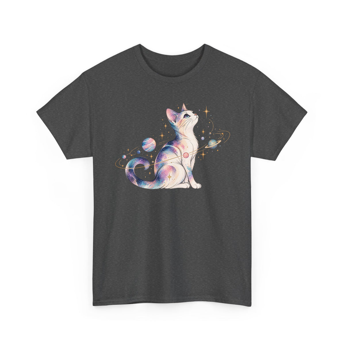 Cosmic Galaxy Cat T-Shirt, Pastel Watercolor Cat Planets Gold Stars Celestial Graphic Tee Unisex