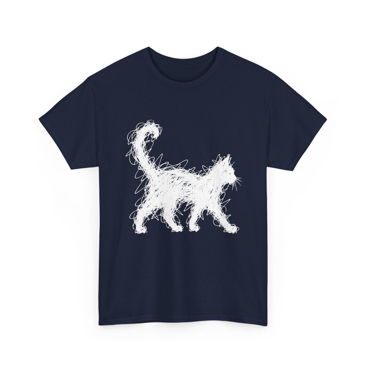 Scribble White Cat on Black T-Shirt Minimal Line Art Cat