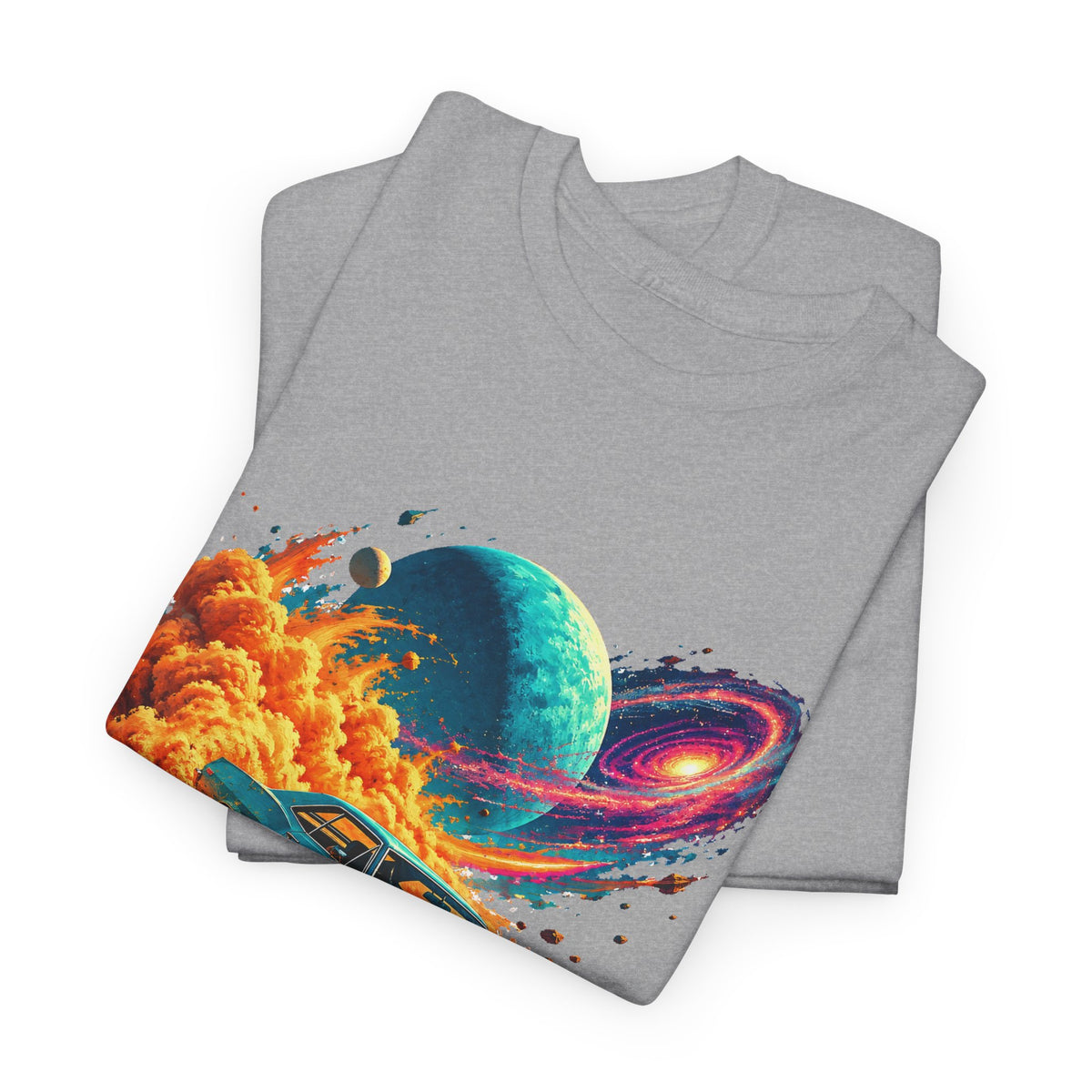 Cosmic Muscle Car Drift T-Shirt Teal Classic Car Orange Dust Planet Galaxy Art