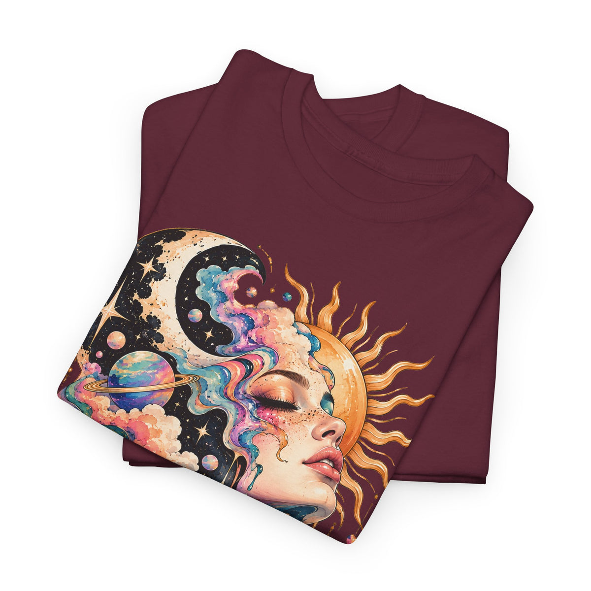 Celestial Sun and Moon Woman T-Shirt, Pastel Cloud Hair Melting Drip Planets Stars Graphic Tee Unisex