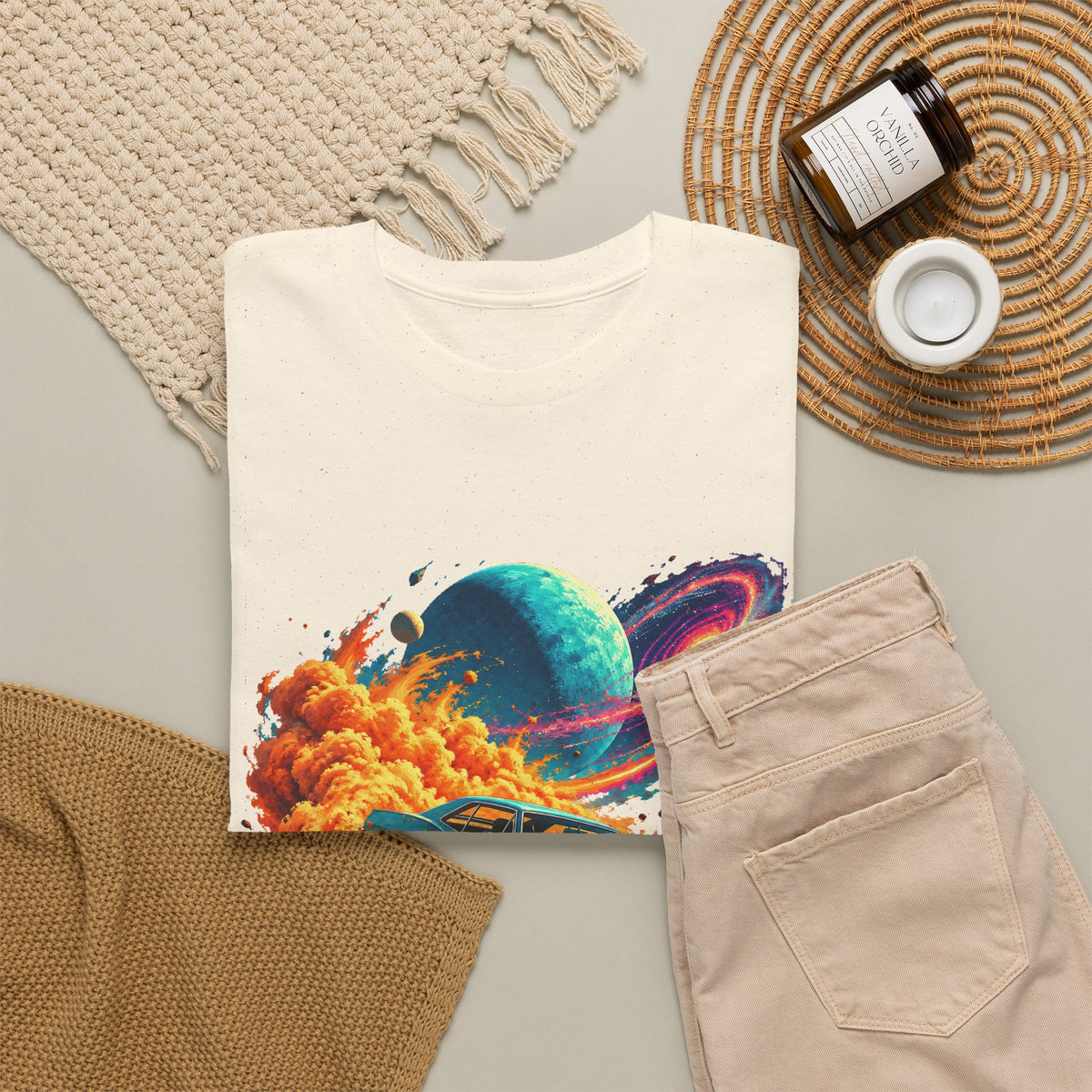 Cosmic Muscle Car Drift T-Shirt Teal Classic Car Orange Dust Planet Galaxy Art