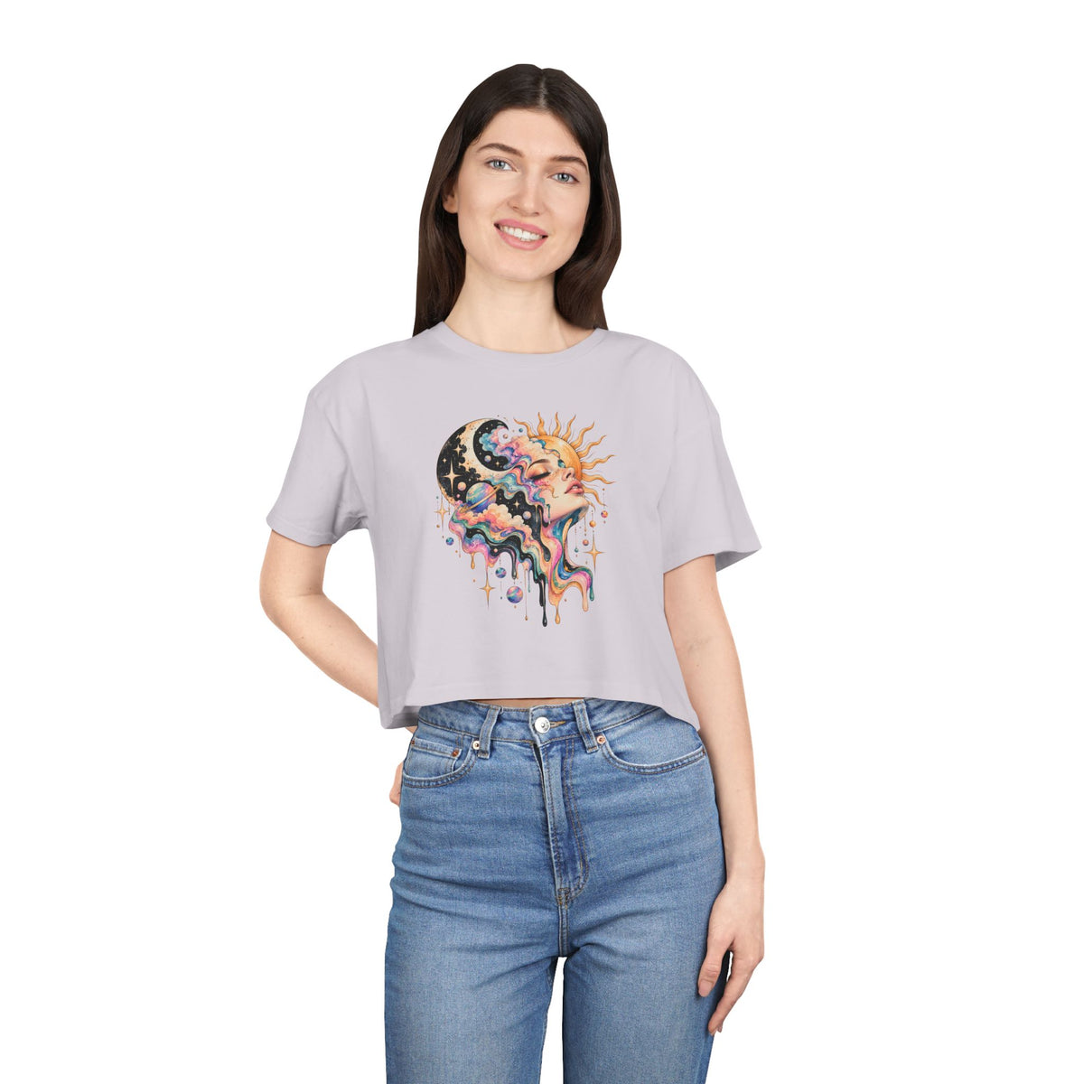 Celestial Sun and Moon Woman Crop Tee, Pastel Cloud Hair Melting Drip Planets Stars Women's Cropped T-Shirt
