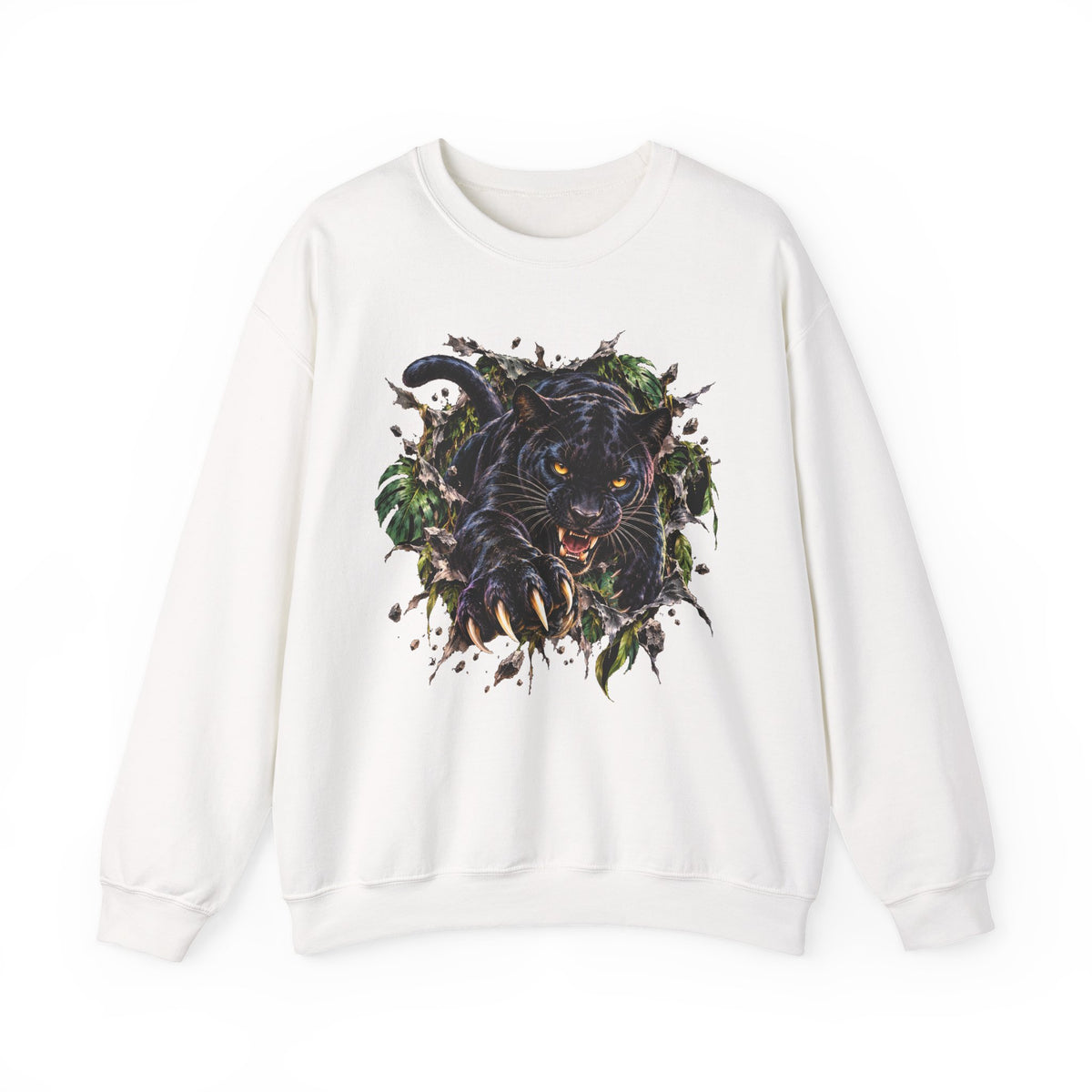 Black Jaguar Sweatshirt Snarling Big Cat Jungle Leaves Crewneck