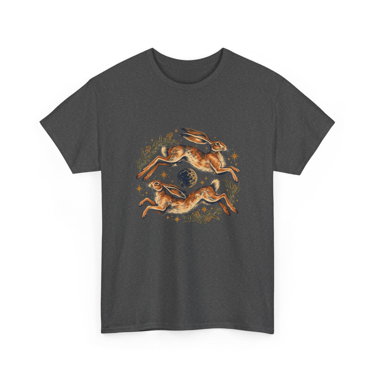 Leaping Hares Moon T-Shirt Celestial Twin Rabbits Stars Tee