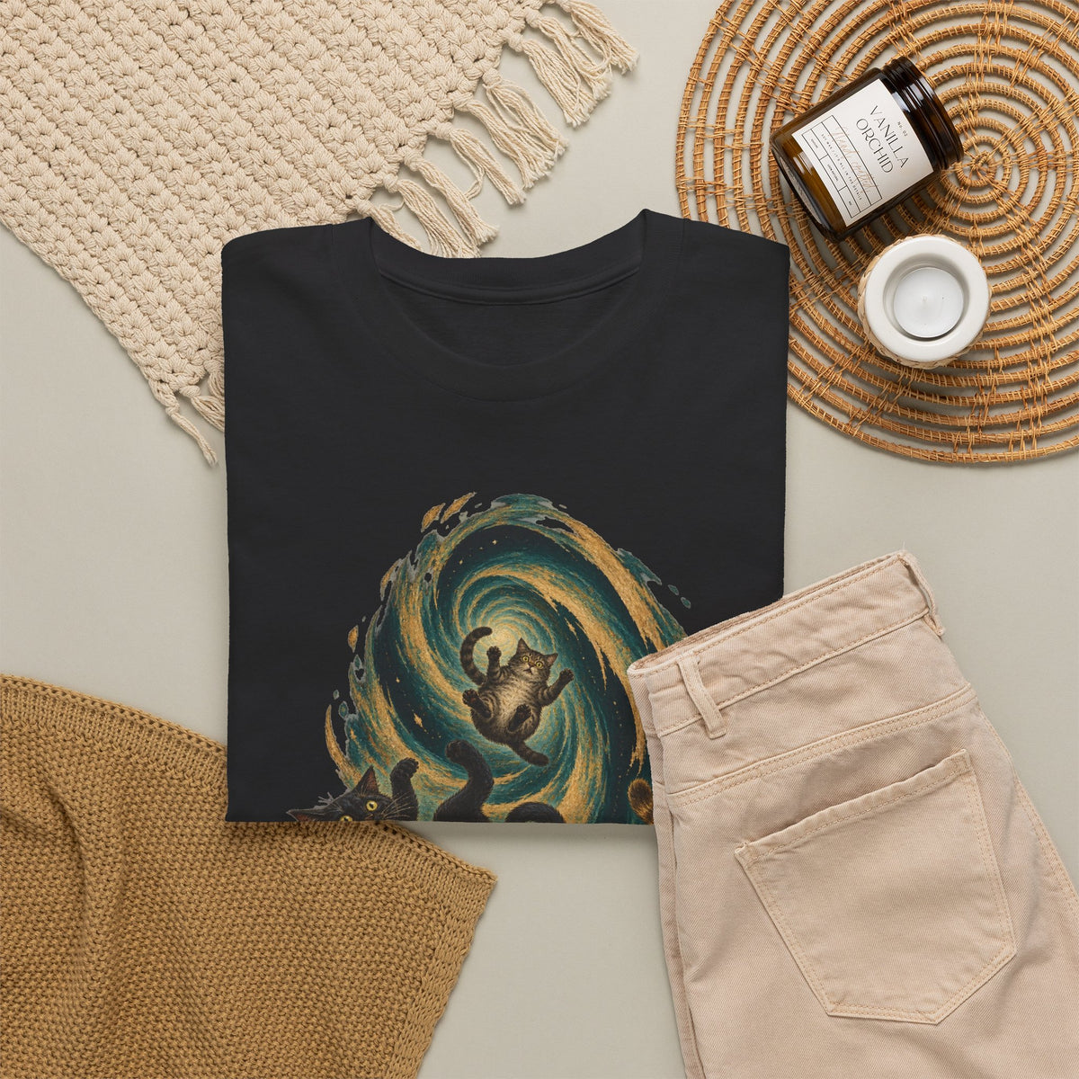 Celestial Cats Vortex T-Shirt Swirling Tabby Cats Galaxy Dark Tee