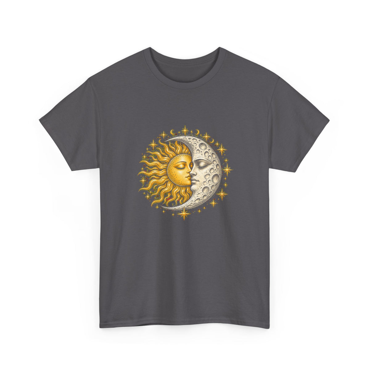 Celestial Sun and Moon Kiss T-Shirt Gold Silver Stars Romance Woodcut Tee