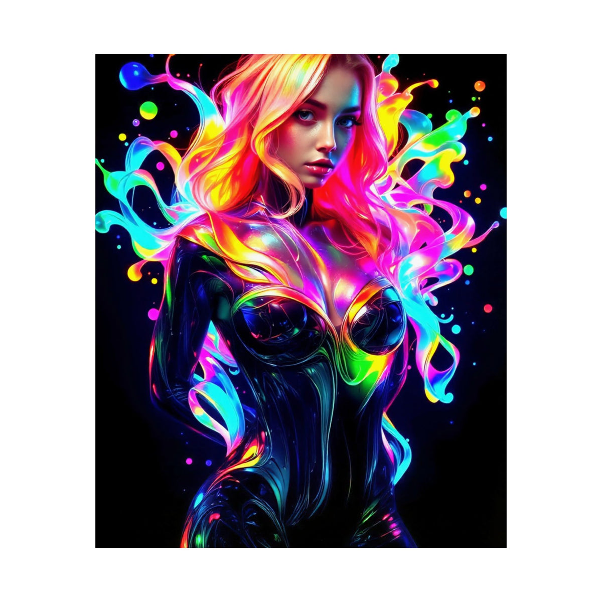 Neon Splash Rainbow Hair Woman Poster Matte Vertical Wall Art