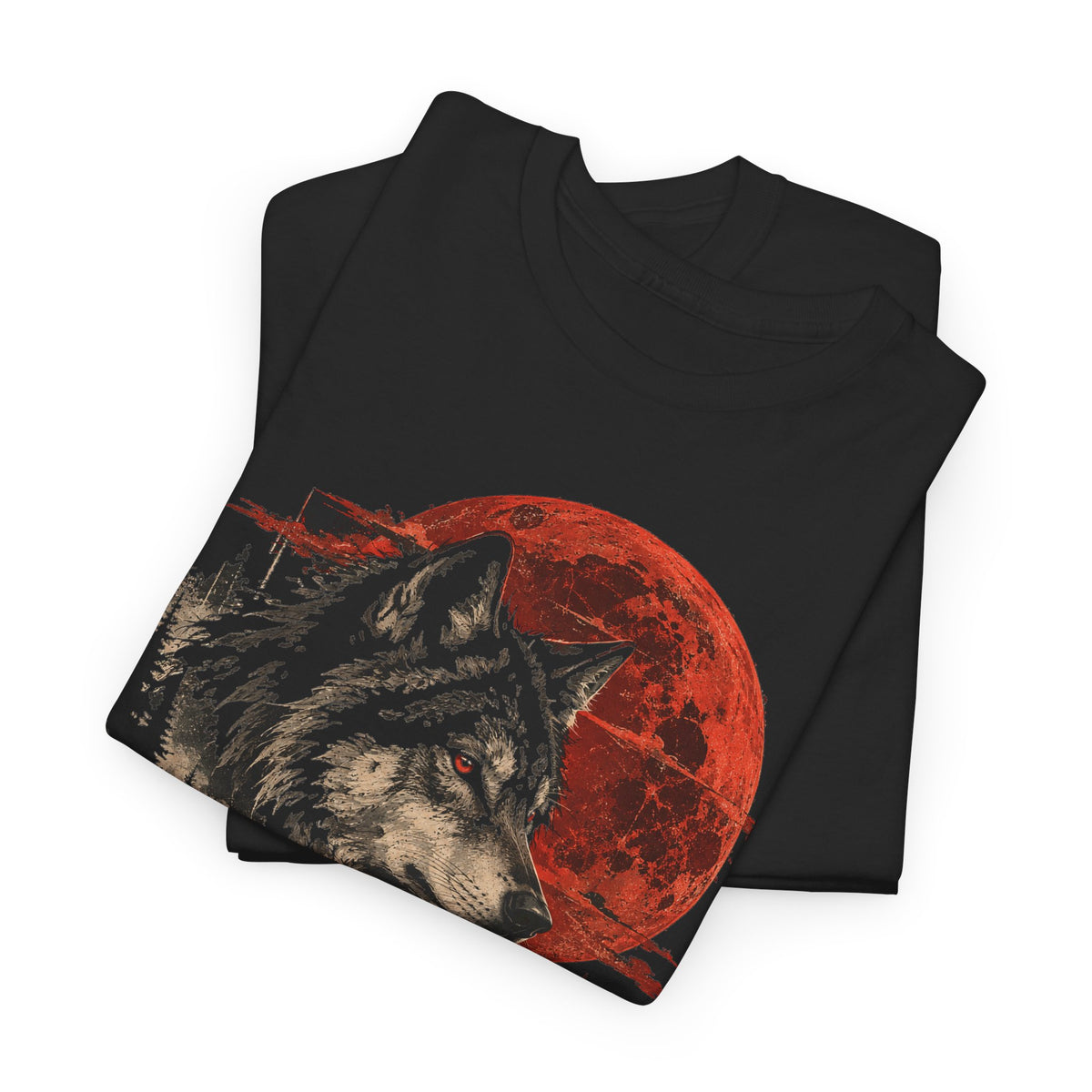 Blood Moon Wolf T-Shirt Gray Wolf Red Full Moon Pine Forest Mountain Graphic Tee
