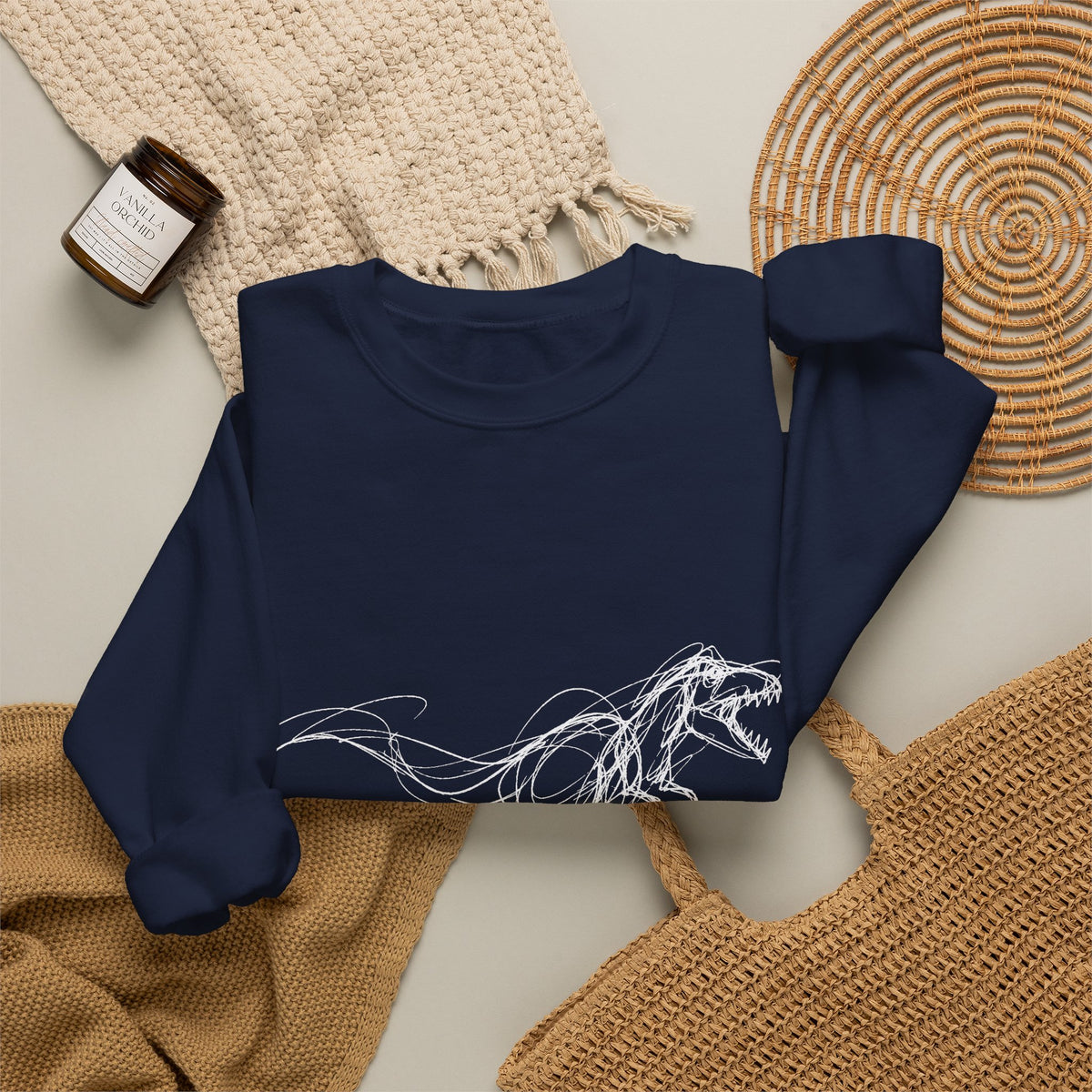 Sketchy White T-Rex on Black Sweatshirt Loose Ink Dinosaur Line Art