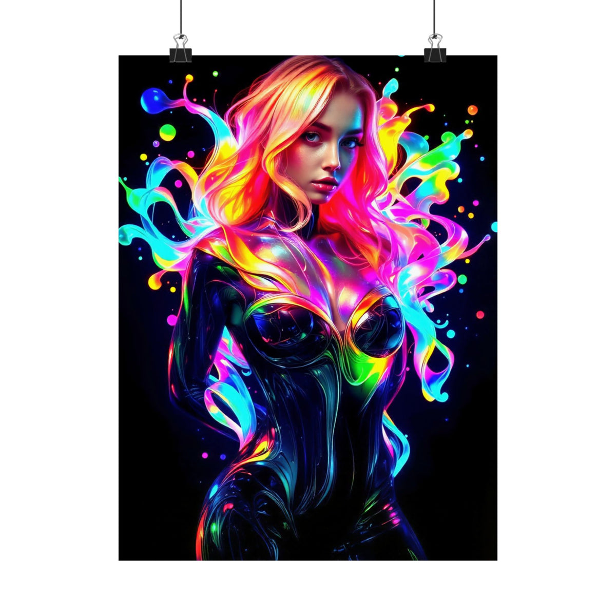 Neon Splash Rainbow Hair Woman Poster Matte Vertical Wall Art