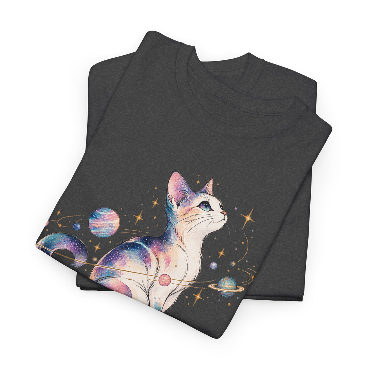 Cosmic Galaxy Cat T-Shirt, Pastel Watercolor Cat Planets Gold Stars Celestial Graphic Tee Unisex