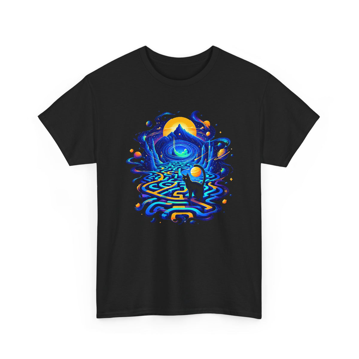 Cosmic Black Cat Maze T-Shirt Celestial Galaxy Labyrinth Mountain Sun Cat Lover Tee
