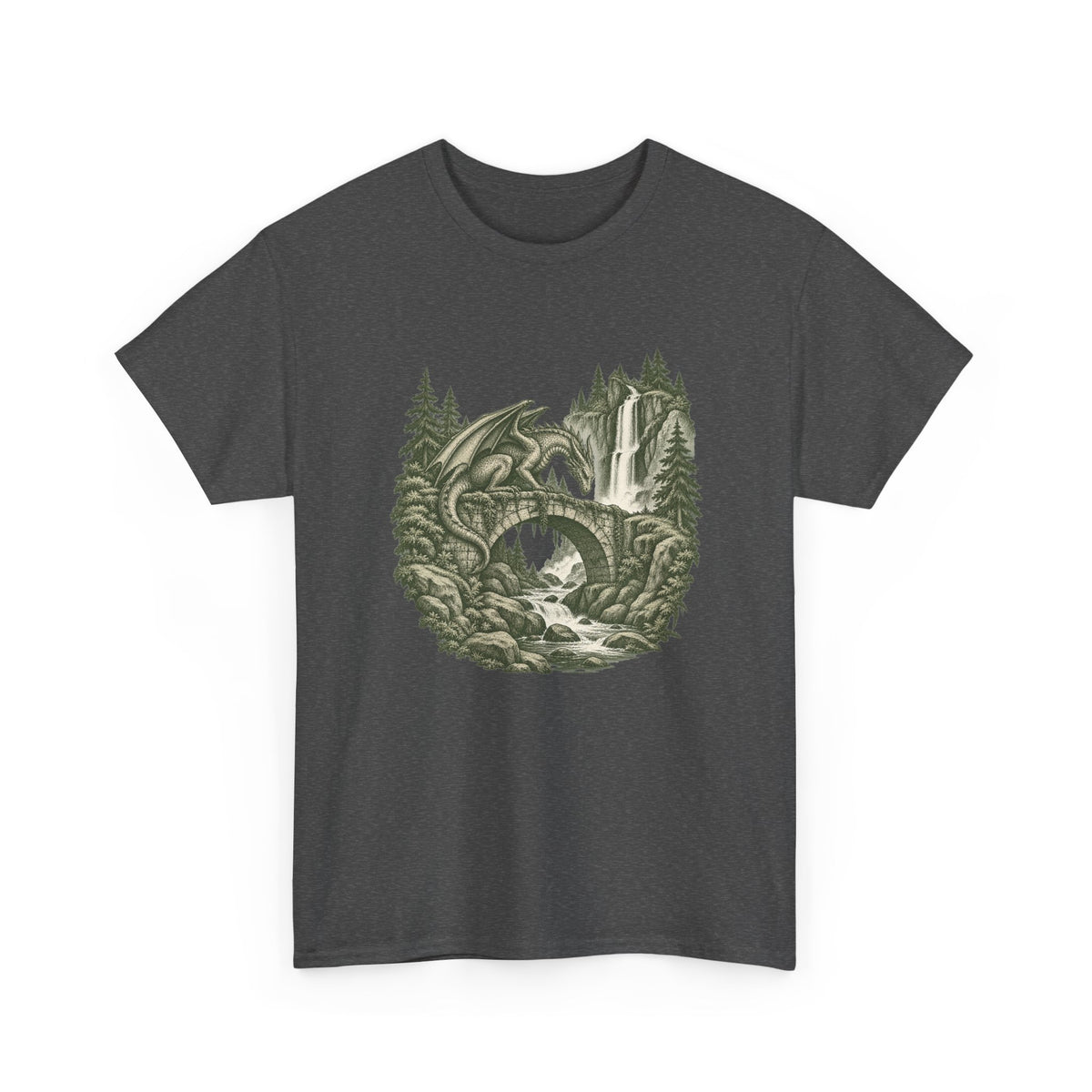 Dragon Forest Bridge T-Shirt Fantasy Waterfall Nature Dragon Tee