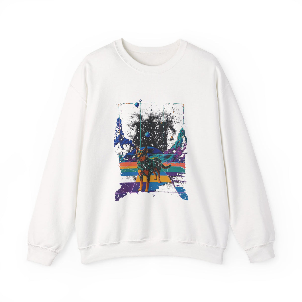 Retro Space Dog Sweatshirt, Distressed Synthwave Galaxy Puppy Crewneck, Rainbow Grid Cosmic Dog Pullover