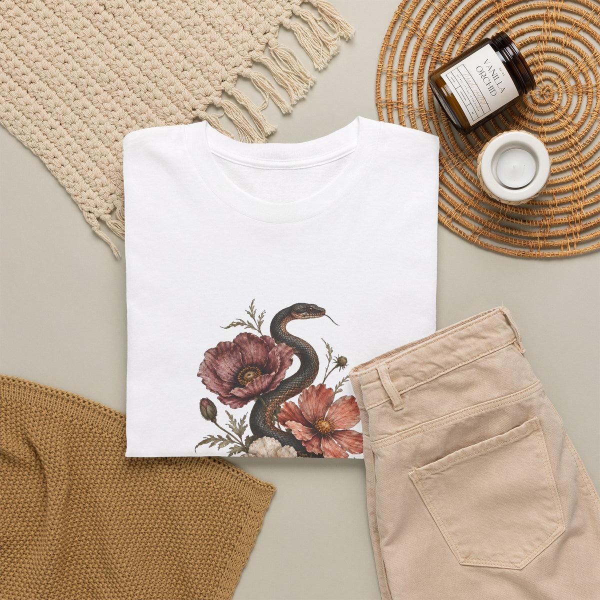 Snake and Poppies T-Shirt Vintage Botanical Serpent Flower Tattoo Style Tee