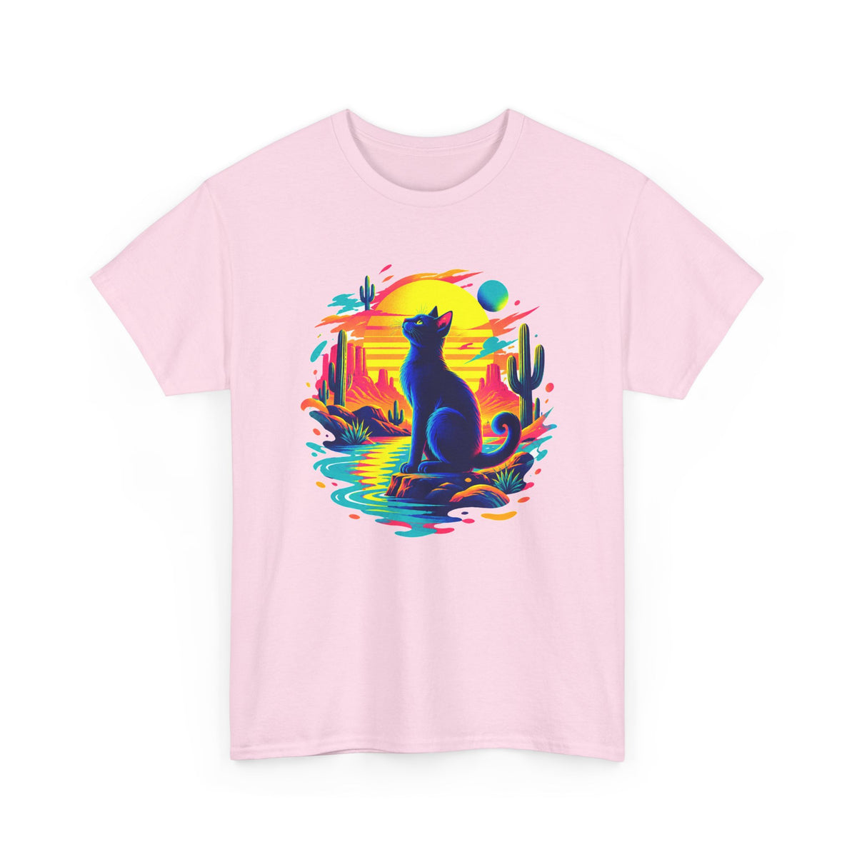 Neon Desert Black Cat T-Shirt Synthwave Sunset Cactus Oasis Cat Lover Tee