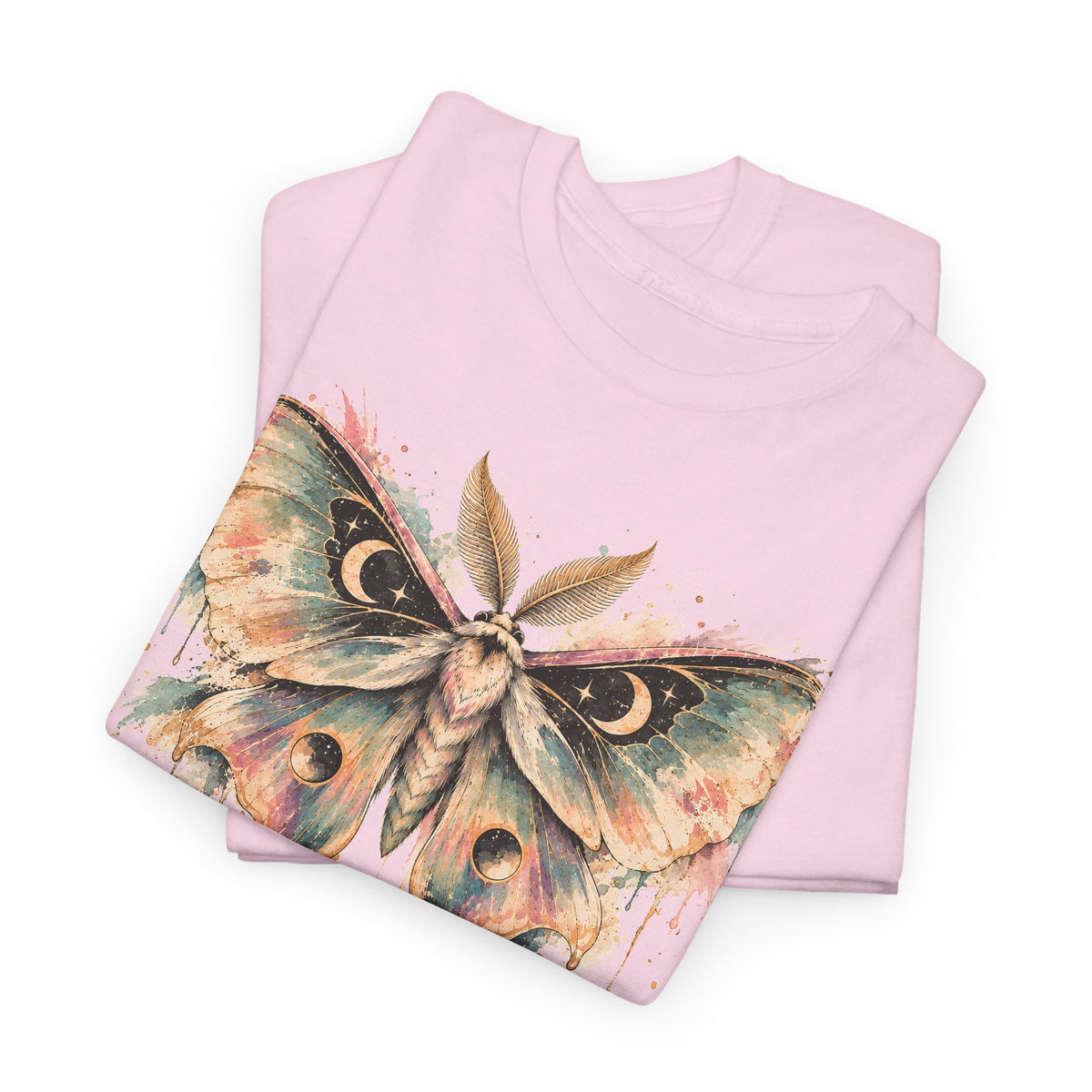 Celestial Luna Moth T-Shirt, Pastel Watercolor Moth Crescent Moon Stars Paint Drip Graphic Tee Unisex