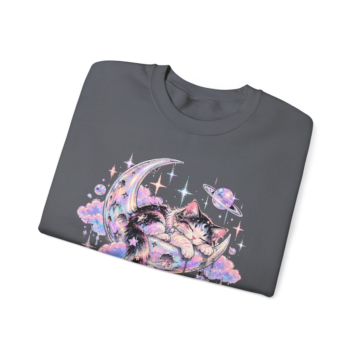 Sleeping Cat on Crescent Moon Sweatshirt Pastel Kawaii Celestial Kitten Crewneck