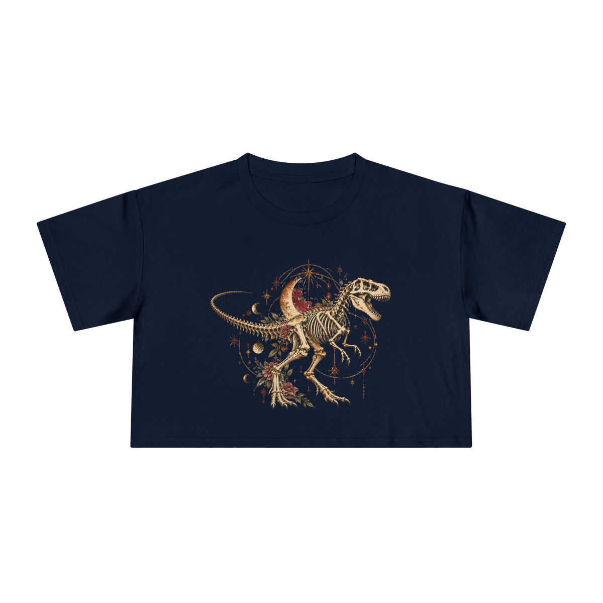 Celestial T-Rex Skeleton Crop Tee, Dark Academia Moon Stars Floral Dinosaur Women's Cropped T-Shirt