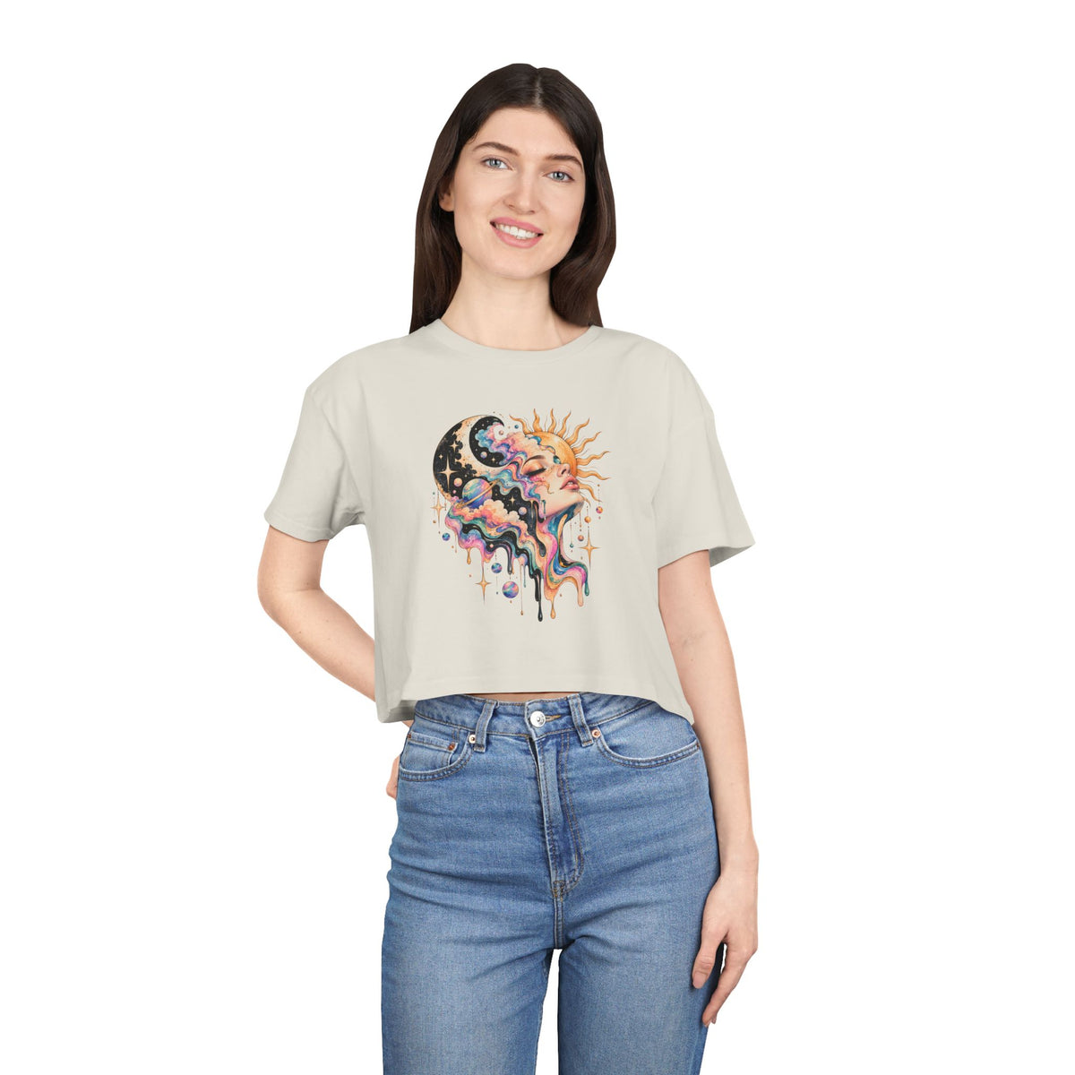 Celestial Sun and Moon Woman Crop Tee, Pastel Cloud Hair Melting Drip Planets Stars Women's Cropped T-Shirt