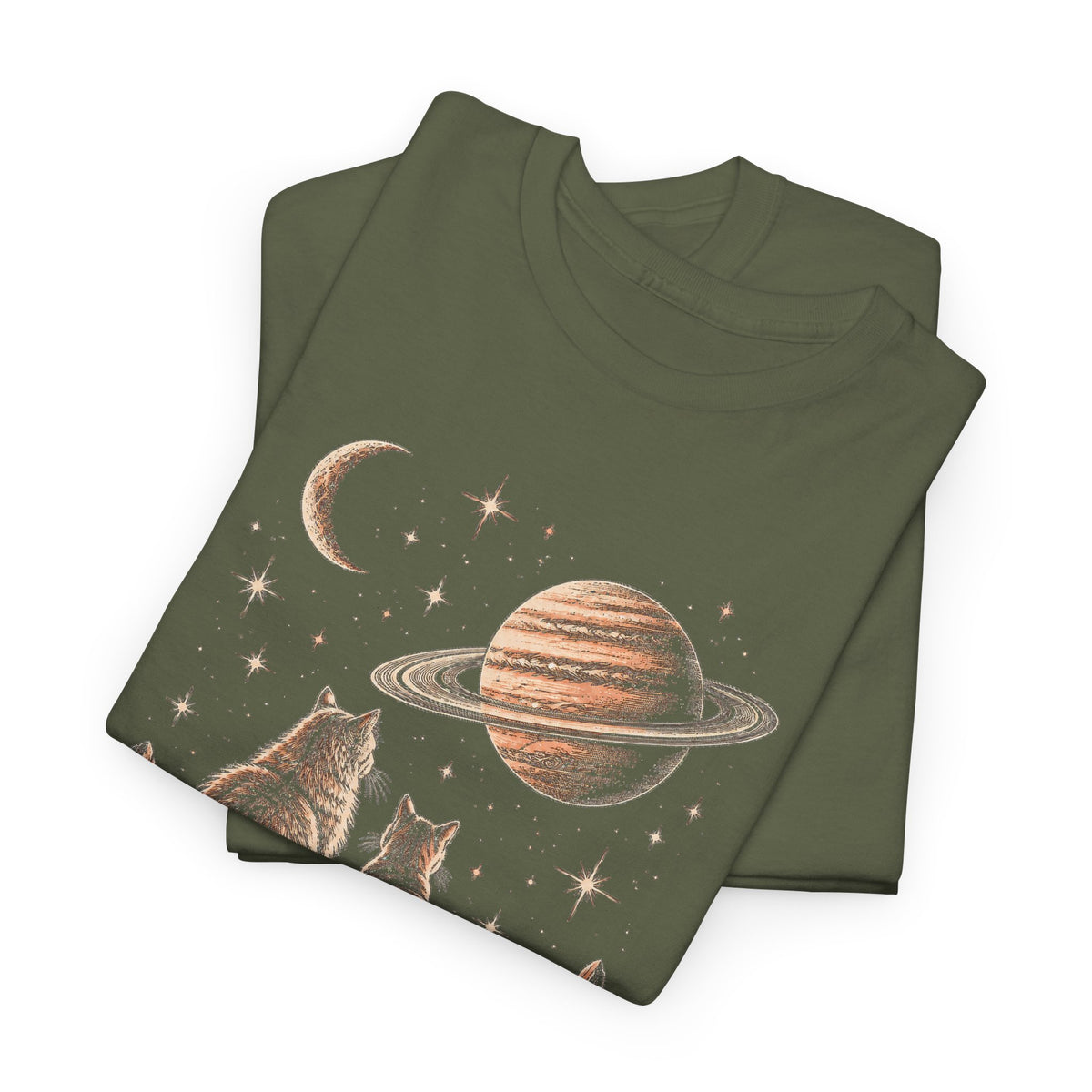 Celestial Space Cats T-Shirt Vintage Woodcut Cats Watching Stars Moon Saturn Tee