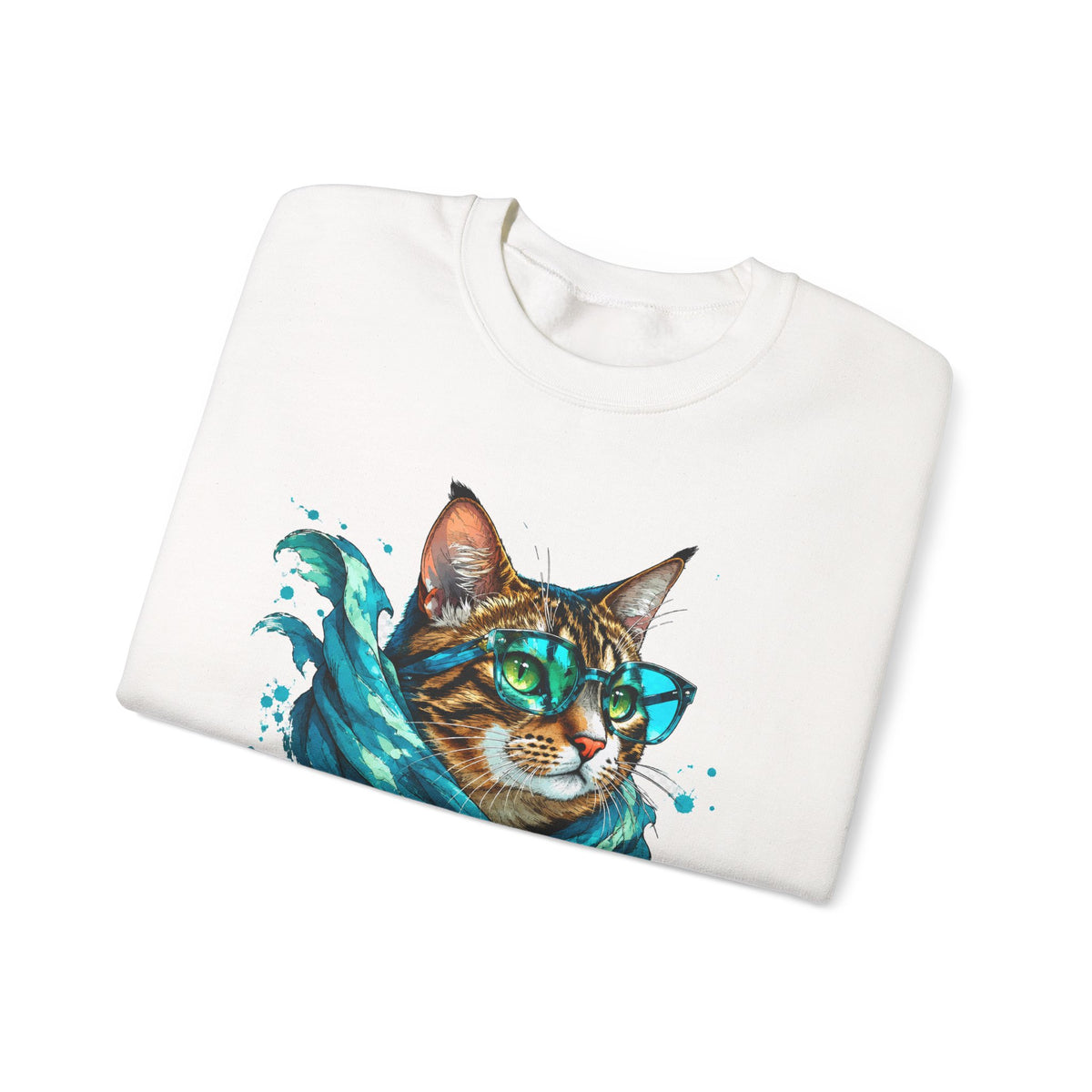 Tabby Cat in Glasses and Scarf Crewneck Sweatshirt Cool Hipster Cat Teal Splash Art