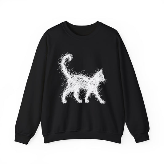 Scribble White Cat on Black Sweatshirt Minimal Line Art Cat