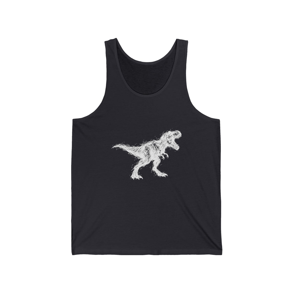 Scribble White T-Rex on Black Tank Top Minimal Line Art Dinosaur