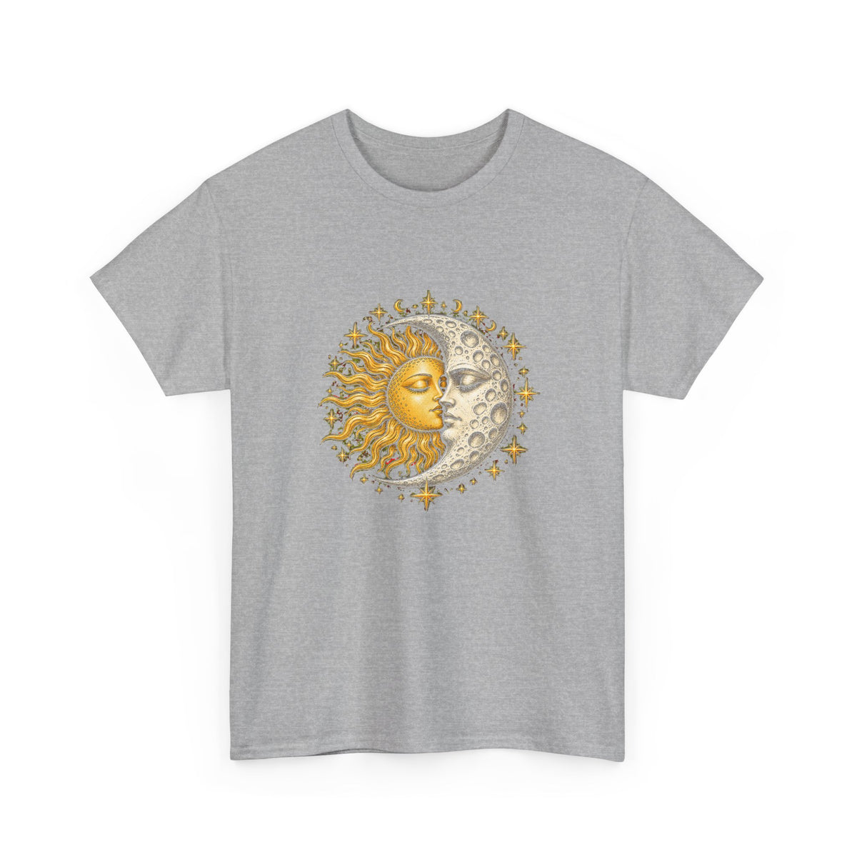 Celestial Sun and Moon Kiss T-Shirt Gold Silver Stars Romance Woodcut Tee