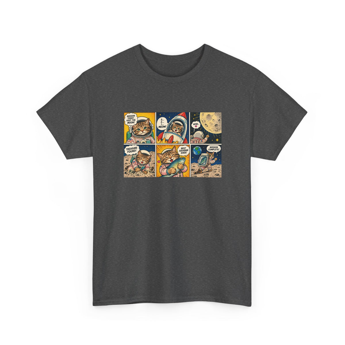Astronaut Cat Comic T-Shirt, Space Cat Moon Mission Fish Funny Comic Strip Graphic Tee Unisex