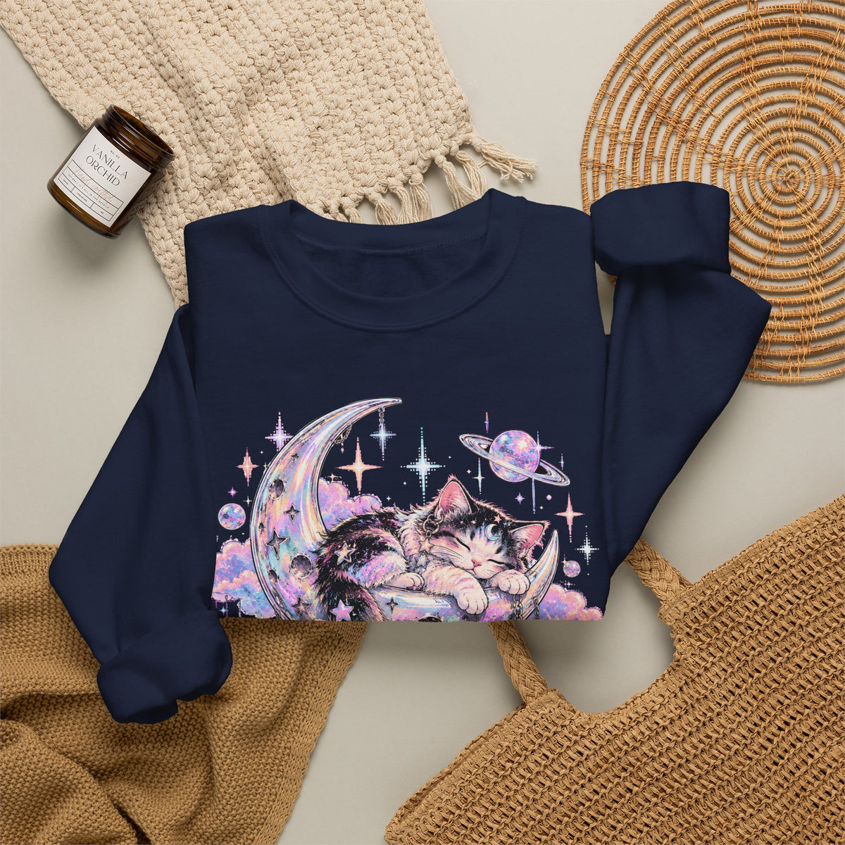 Sleeping Cat on Crescent Moon Sweatshirt Pastel Kawaii Celestial Kitten Crewneck