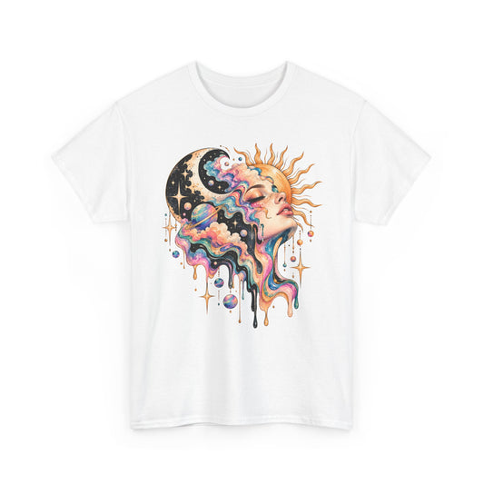 Celestial Sun and Moon Woman T-Shirt, Pastel Cloud Hair Melting Drip Planets Stars Graphic Tee Unisex