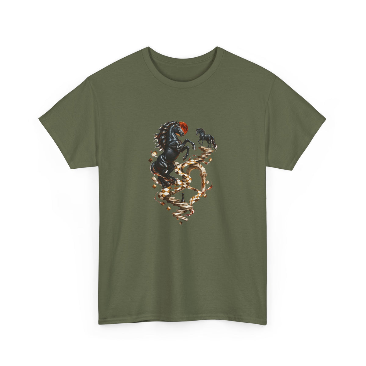 Surreal Black Horses Chess Fantasy T-Shirt Rearing Stallions Stairs Moon Tee