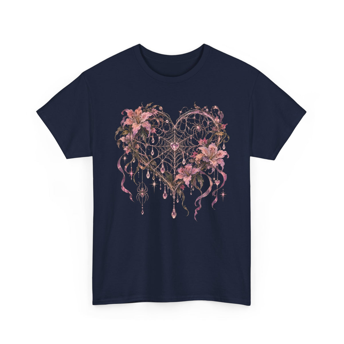 Gothic Spiderweb Heart T-Shirt Pink Lilies Crystal Pastel Goth Graphic Tee