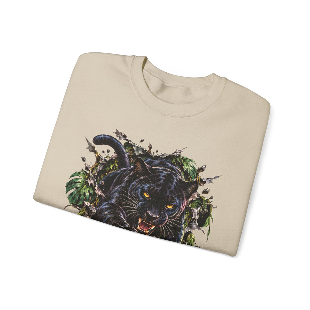 Black Jaguar Sweatshirt Snarling Big Cat Jungle Leaves Crewneck