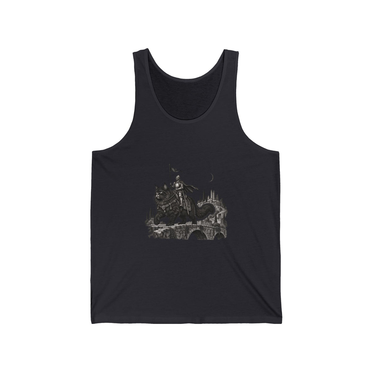 Medieval Knight Riding Giant Cat Tank Top Dark Fantasy Bridge Moon Cat Tank