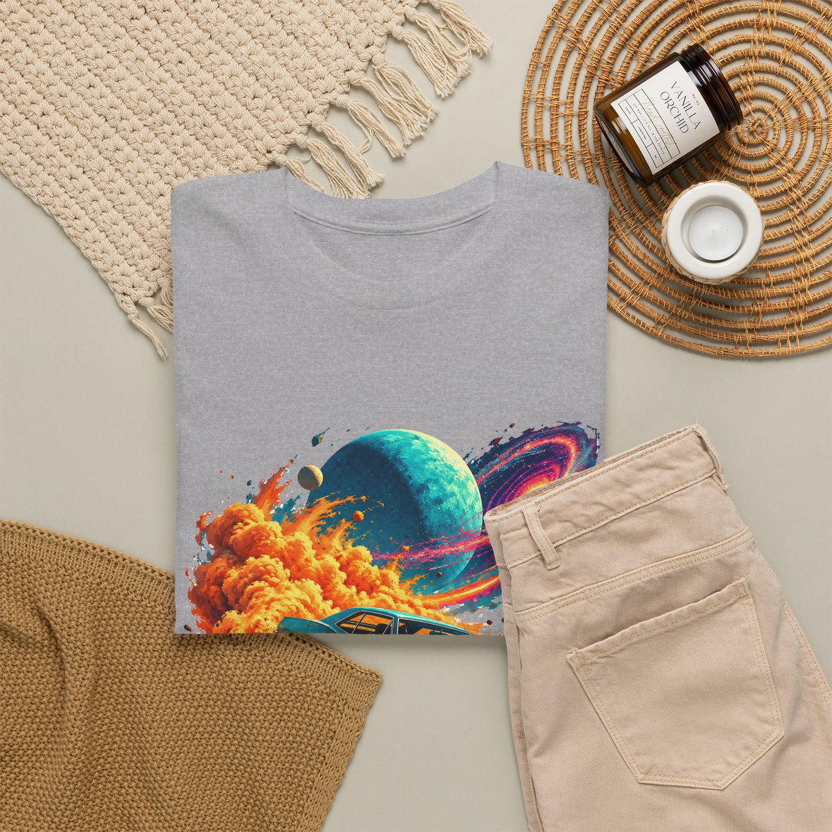 Cosmic Muscle Car Drift T-Shirt Teal Classic Car Orange Dust Planet Galaxy Art