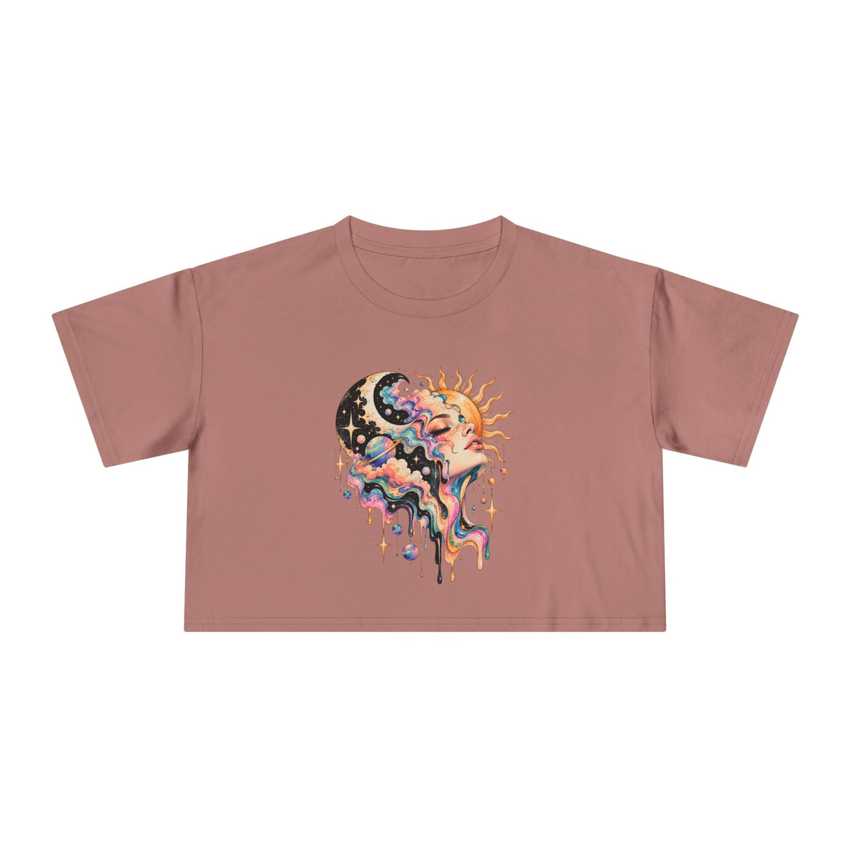Celestial Sun and Moon Woman Crop Tee, Pastel Cloud Hair Melting Drip Planets Stars Women's Cropped T-Shirt